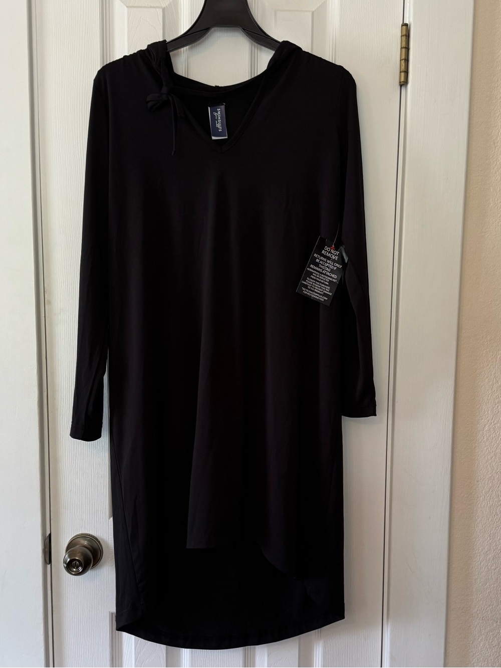 Swimsuits For All Black Hooded Swim Cover Up Dress UPF Long Sleeve VNeck 6/8 NWT